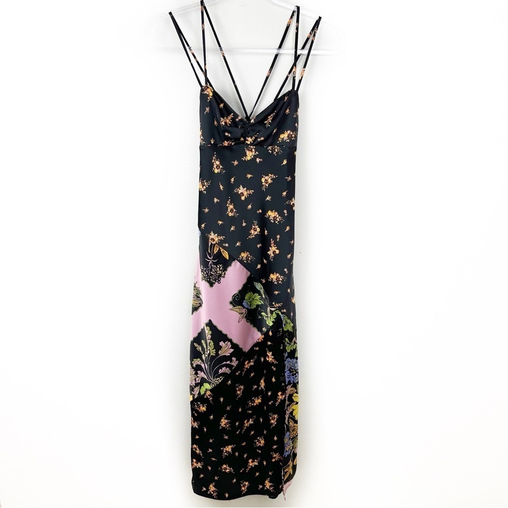 Urban Outfitters UO Samira Satin Slip Dress in mixed print black/ pink floral XS